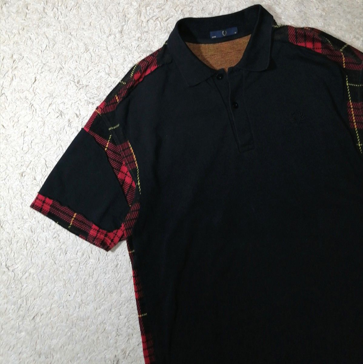 ★稀有★弗雷德·佩里★优雅Polo衫 格纹可换设计 高尔夫 厚款 黑色 FRED PERRY 厚实 鹿皮纹