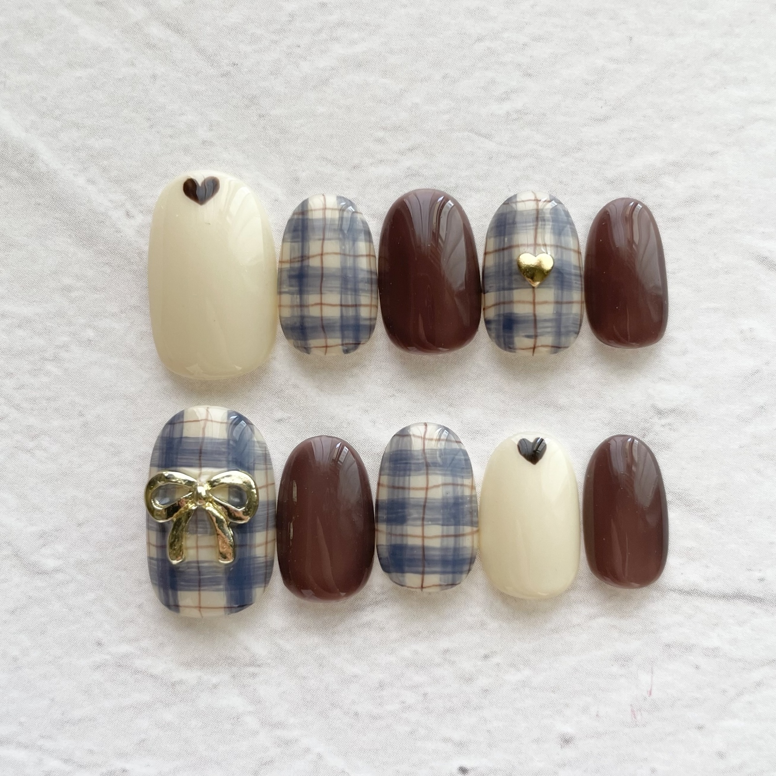 Nail tips check autumn brown blue heart ribbon