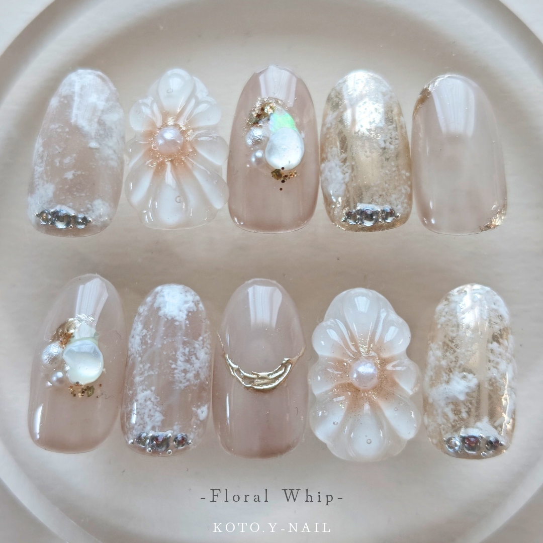 Floral Whip Nail Tips, Nuance Nails, Bridal, Wedding, Marriage Ceremony, Coming-of-Age Ceremony, Furisode, Pre-Wedding Photoshoot, Pearl, Graduation Ceremony, Hakama, Adult, Cute, Elegant, Iro-uchikake, Gel Nails, 3D