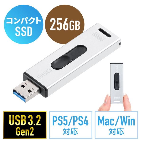 棒状SSD 256GB 外置 USB3.2 Gen2 小型 支持电视录制最长31小时 游戏机 PS5/PS4 滑盖式 直插式 银色 EZ6-USSD256GS 支持猫邮配送