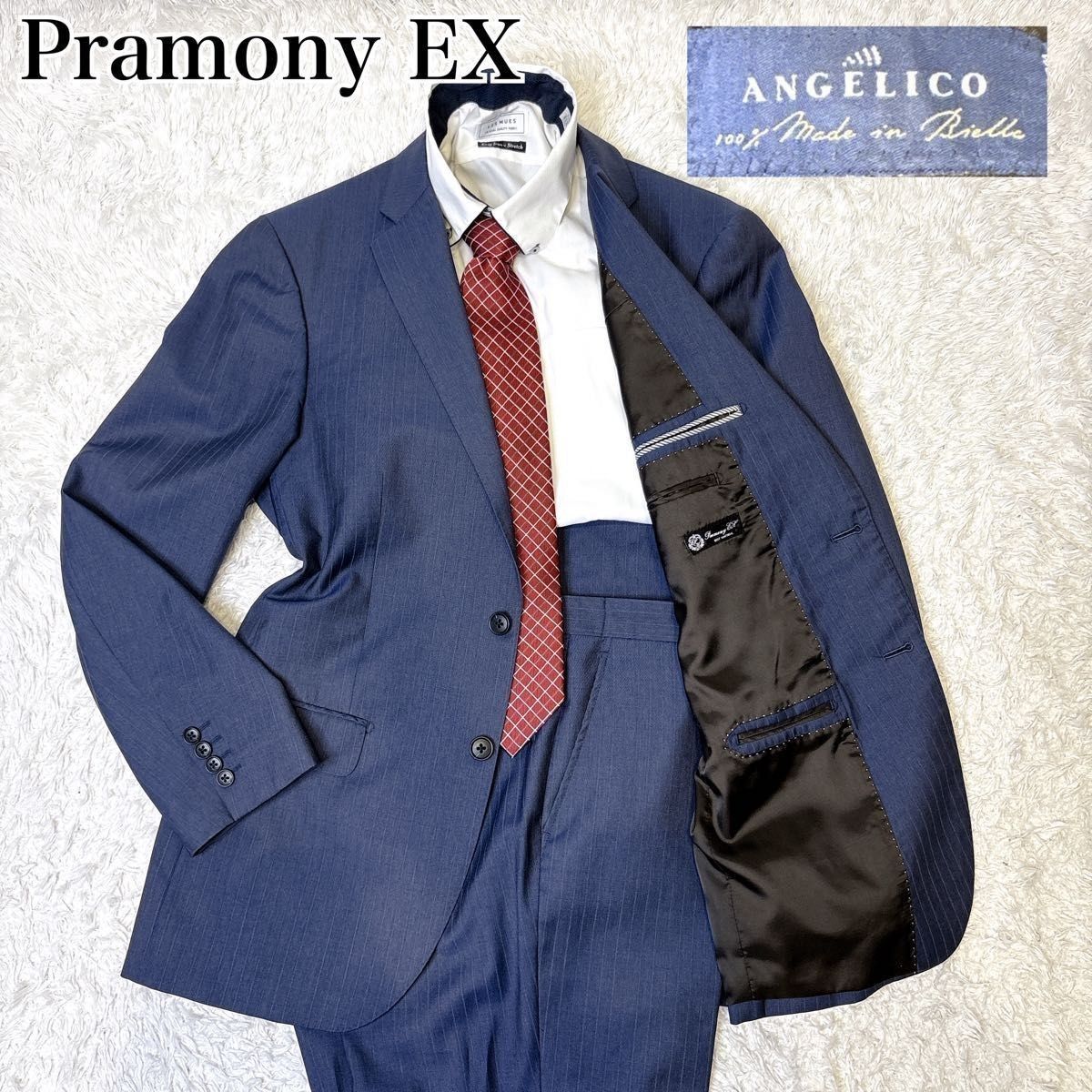 pramony ex ANGELICO メンズスーツ セットアップ 上下 紺 ネイビー ストライプ柄 AB7 180cm前後