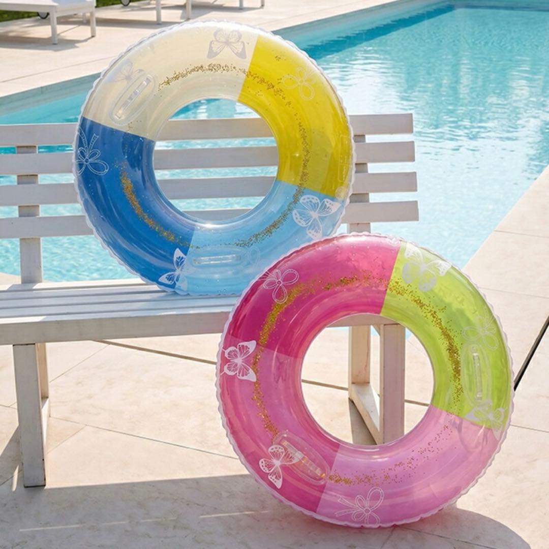 100cm Inflatable Ring with Glitter and Sequins, Butterfly Pattern, Pink, for Pool and Beach