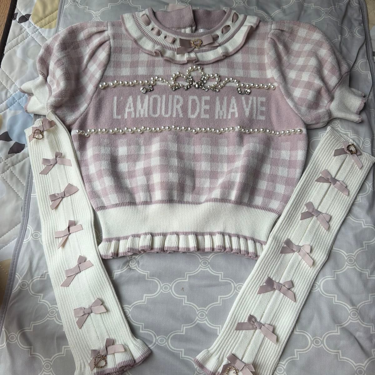 LIZ LISA 格纹短袖针织衫 带袖套 粉色