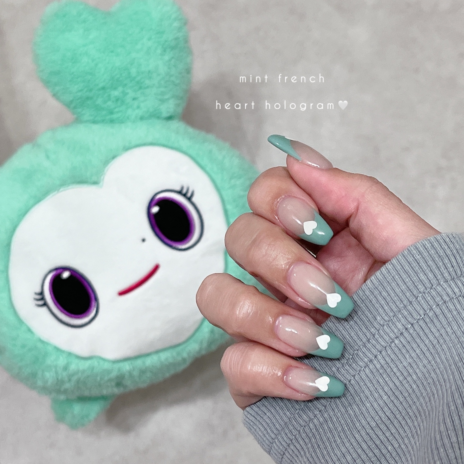Nail Tips Heart Holo French Mint Green White Pink Beige Red Red-White TWICE Mina Girly Simple Korean