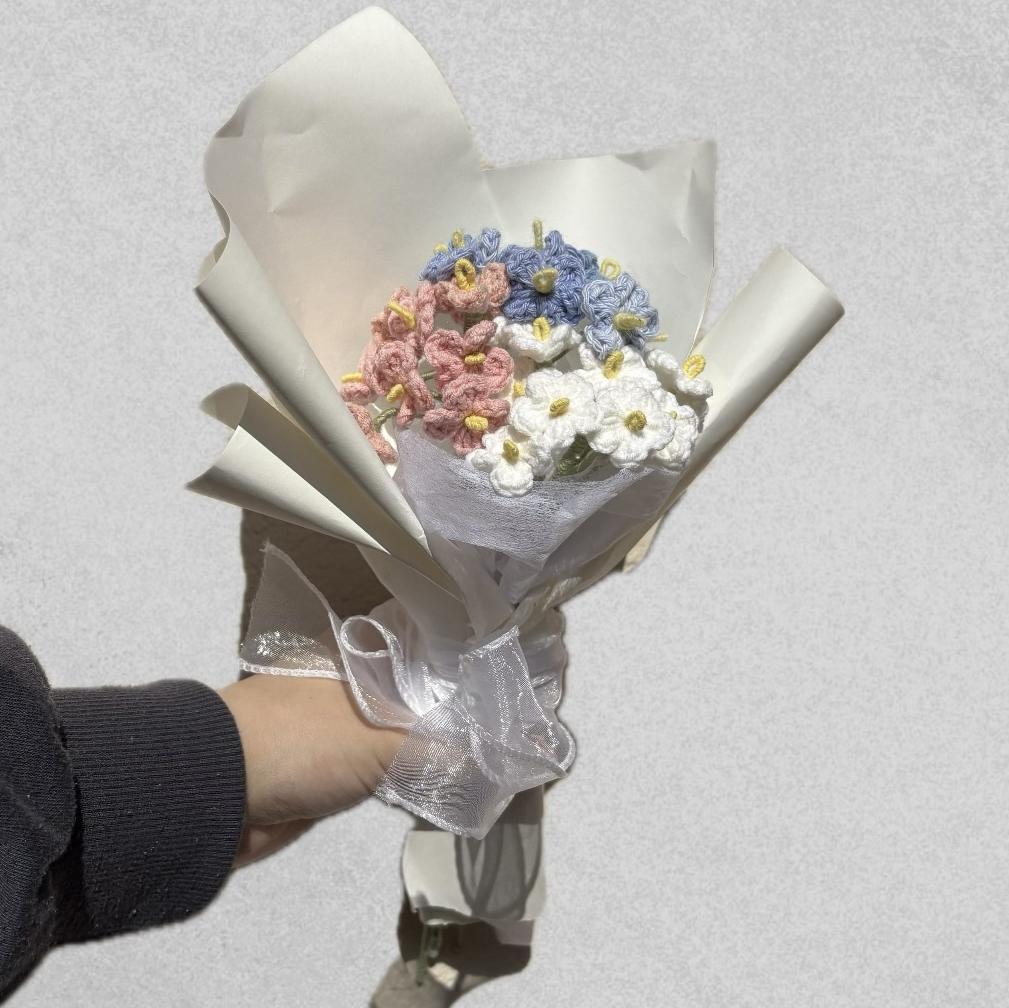 永不凋谢的花 花束 迷你花束 3色勿忘我 礼物 礼品 编织物 钩针编织 手工编织