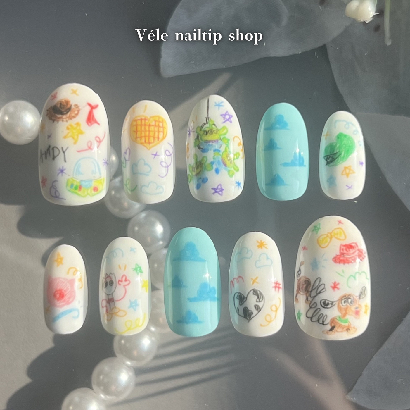 [Custom Size] Doodle Art Nail Tips, Toy Story–Style, Disney–Inspired, Playful and Pop, Overseas Girl Trend, Colorful Illustrations, Fan‑Support Nail Art, Unique Nails, Cloud Design, Pencil Design