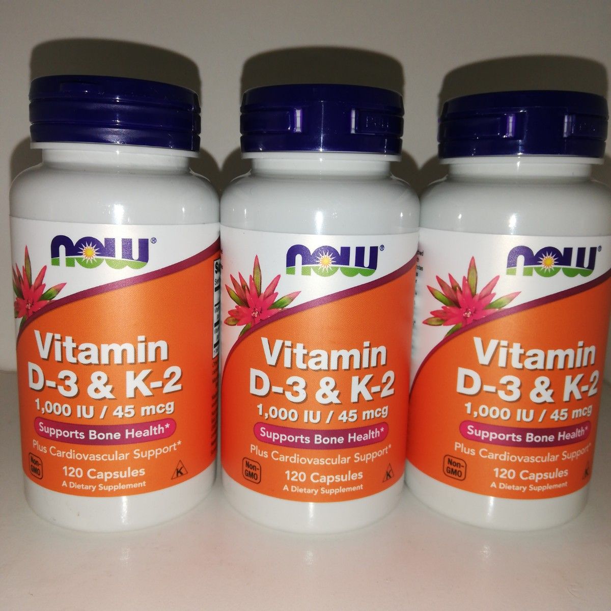 【3個セット】ビタミンD3 1000IU ビタミンK2 45mcg 120カプセル NOW Foods ナウフーズ