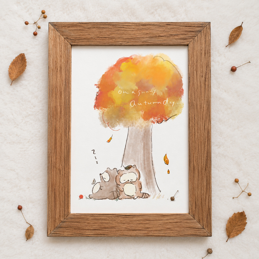 简约秋季明信片 午睡浣熊🍂2张套装