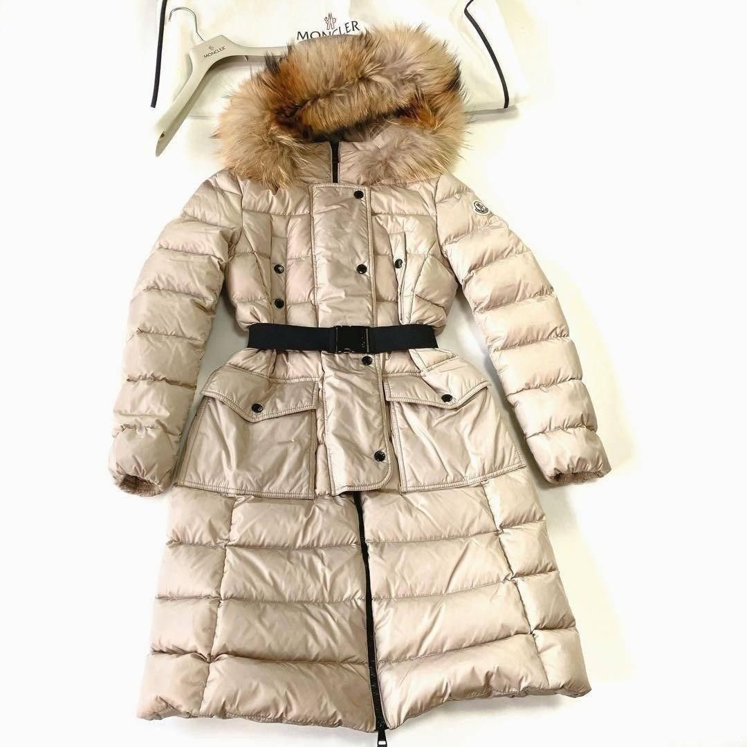 蒙克莱尔/MONCLER KHLOE 克洛伊 真皮草连帽款 00 米色 拉链开衫 带腰带 携带漫画标签 ★
