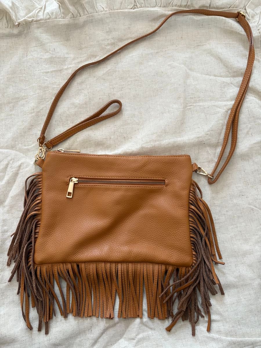 Fringe shoulder bag, brown, leather-look, crossbody style, made in Italy, genuine leather