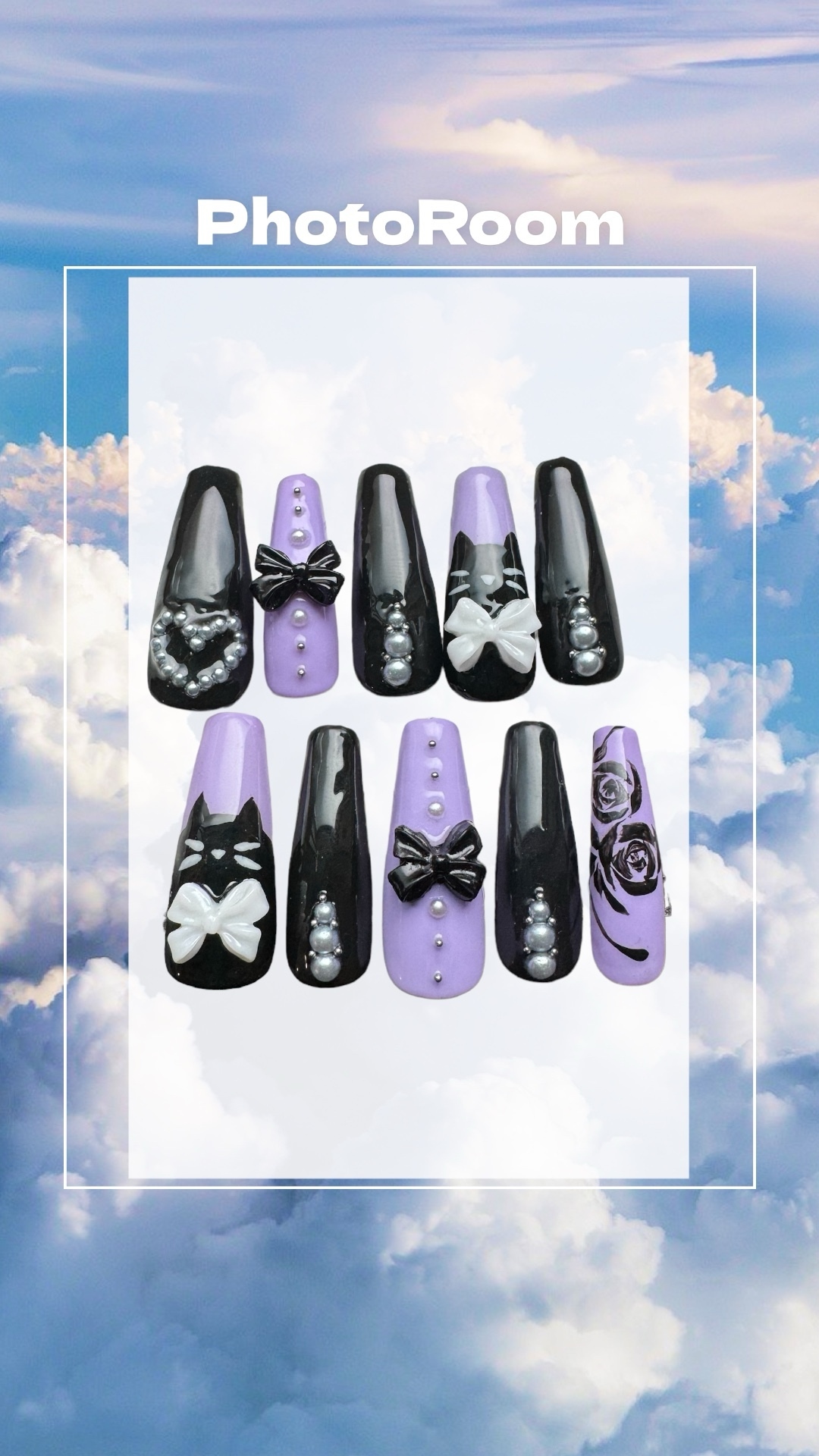 Mass-produced nail tips / Cat / Purple / Violet / Mass-produced / Ribbon / Pearl / Heart / Rose / Flower / Flower art / Nail tip / Black / Black / White / White / ANNA SUI / Kuro-mi /
