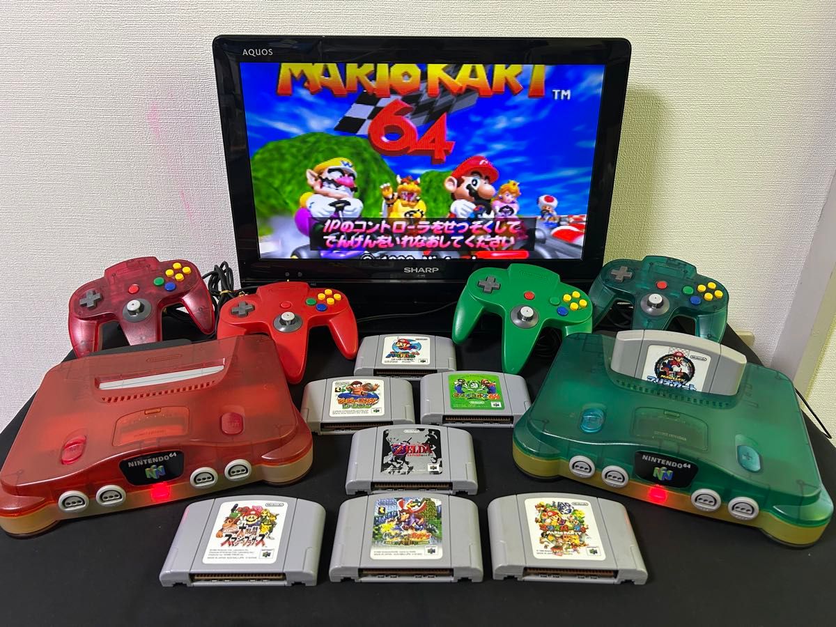 NINTENDO64 透明红 绿色 主机2台 控制器4个 软件8款