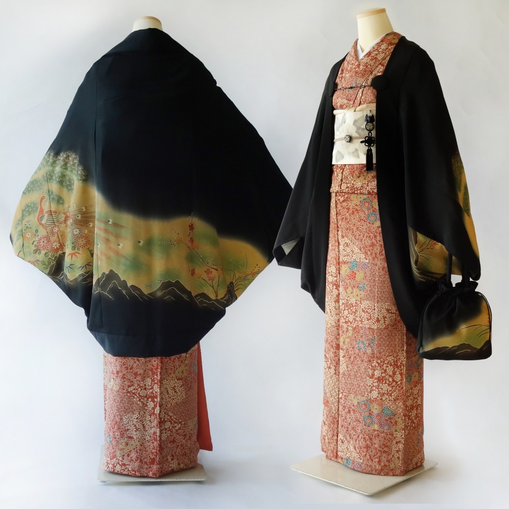 包和带装饰的全套黑留袖momonga KIMONO羽织松附带孔雀柄/带装饰带固定包销