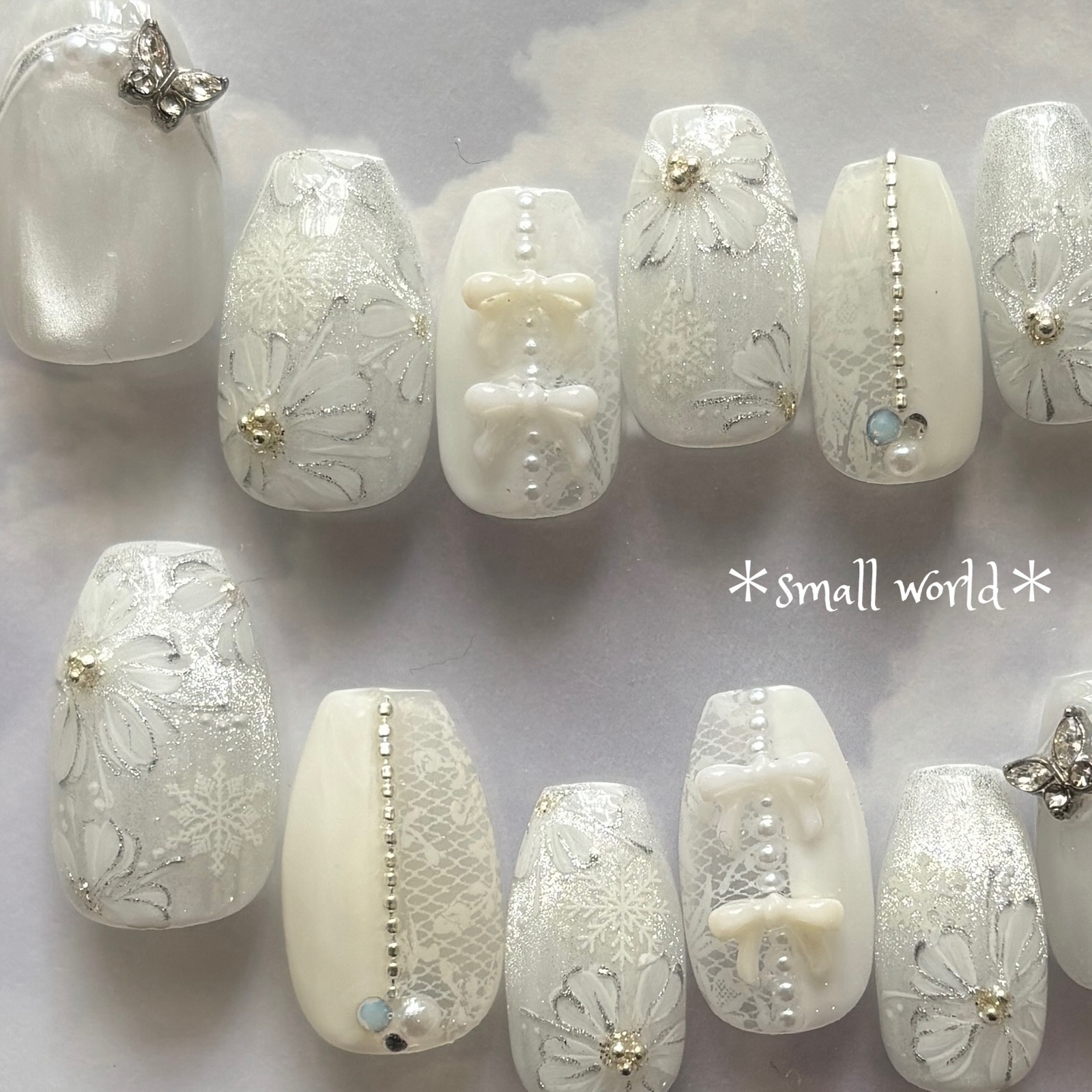 【【Actual Item 14-Piece Set】Short Ballerina Bridal Wedding White Magnet Lace Butterfly Flower Nail Nail Tips