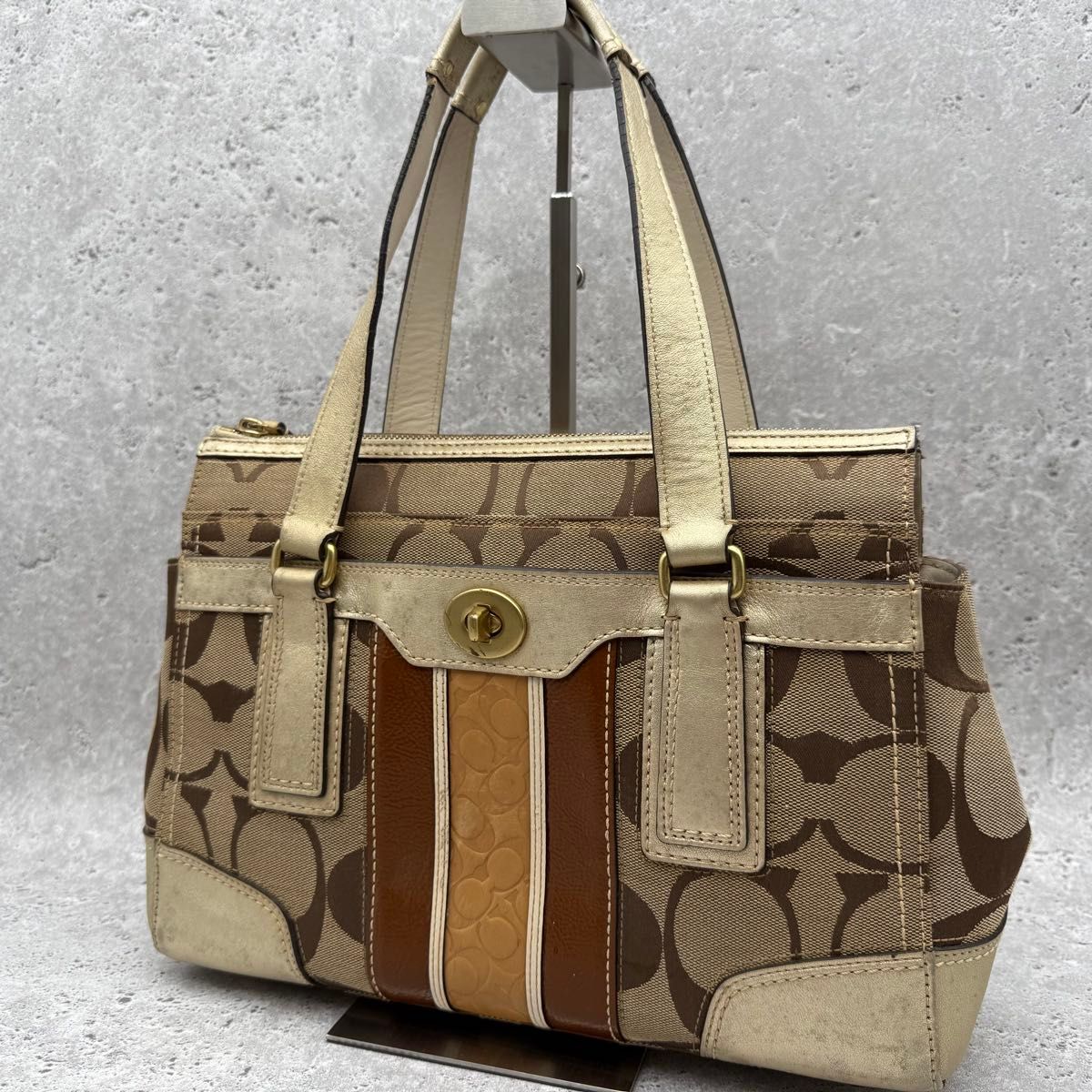 COACH コーチ シグネチャー ターンロック ハンドバッグ トートバッグ ブラウン ゴールド ヴィンテージ y2k