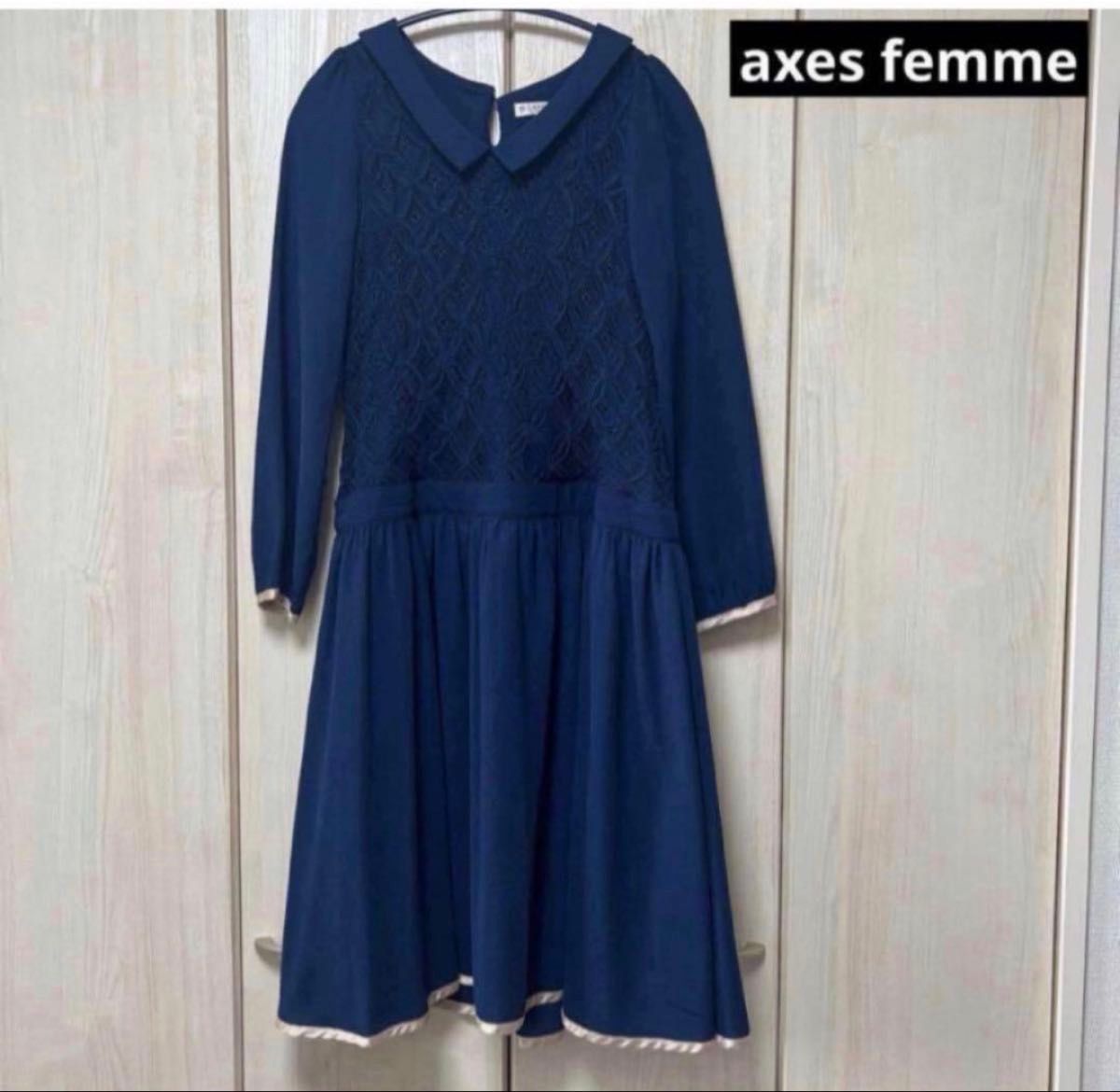 axes femme 藏青色 M码 蕾丝 双色拼接 中长连衣裙