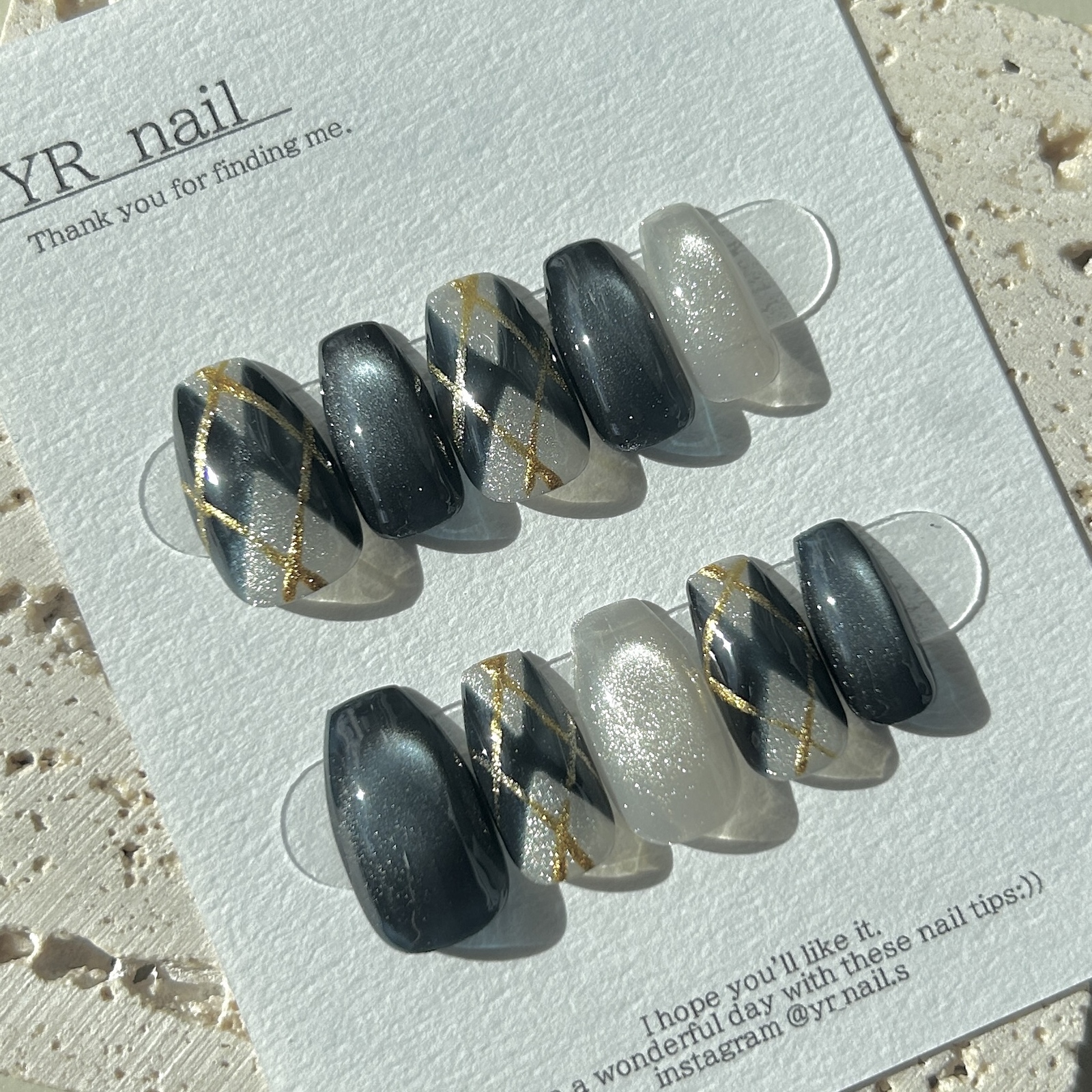 No. 223 Argyle Pattern Check Nail Tips, Navy & Silver, Autumn/Winter, Adult-Cute, Korean Style, Silver, Navy, Blue-Black