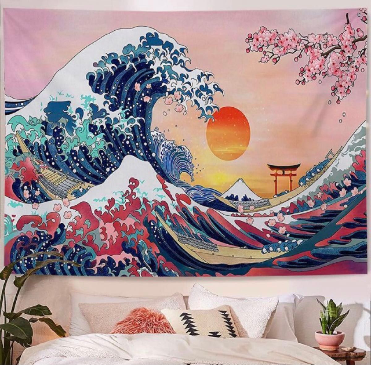 新品!带挂件的挂毯 F20 浮世绘 樱花 神奈川冲浪里 葛饰北斋 和风 艺术
