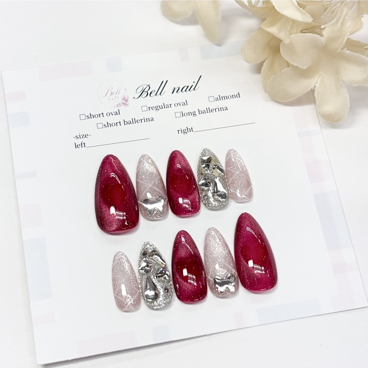 【023 Nail Tips Nails Red Red Nails Magnet Heart Magnet Heart Check Sparkle Korean Nails One-Hong Nails Girly Nails Mass-Produced Nails
