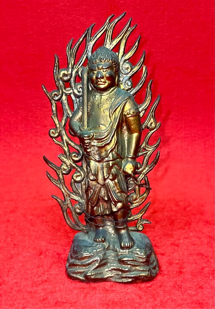 Heavyweight 344g ◆ Former Family Collection Metal Fudo Myoo Standing Statue with Flame Mandorla Buddhist Icon Antique