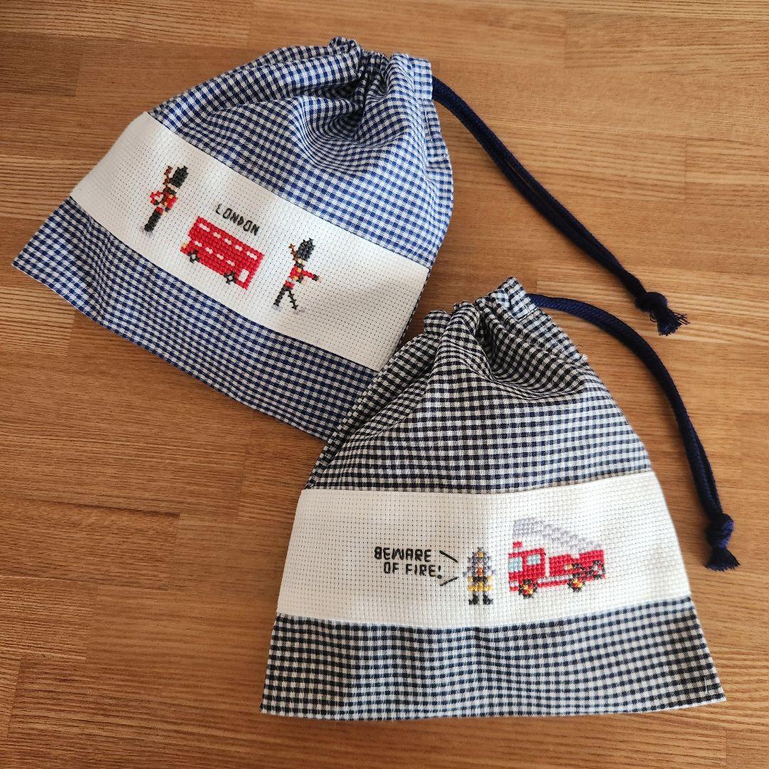 Cup bag, lunch bag, drawstring bag, boy, embroidery, fire truck, London bus, car