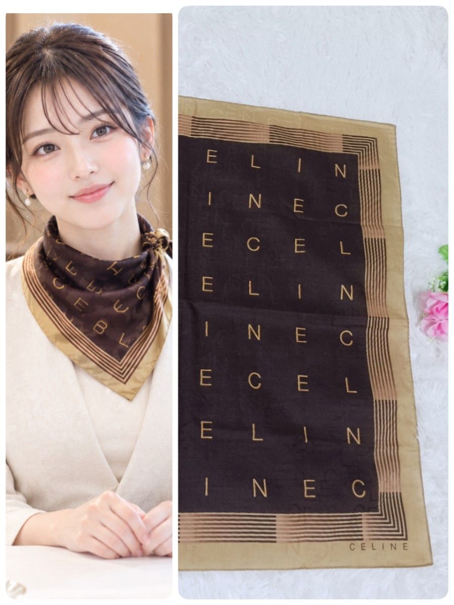 CELINE 塞琳 围巾 手帕 标志 棕色系 棉质 棕色 59×59厘米