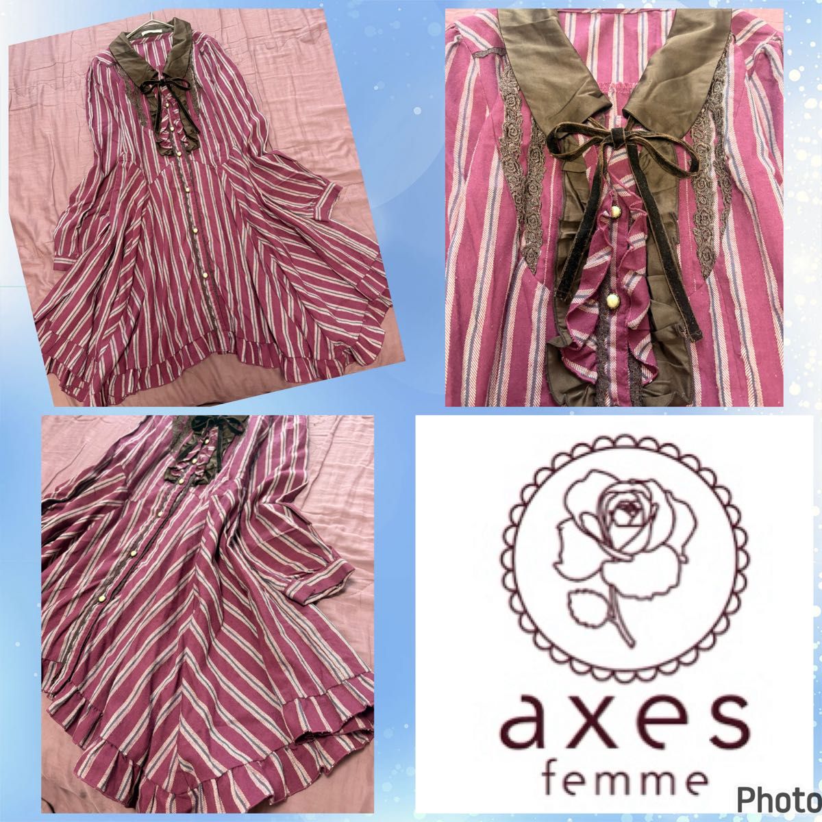 Axes Femme★丝绒缎带★条纹★不对称★衬衫连衣裙 森女系 可爱风 仙气格纹 axes 萝莉