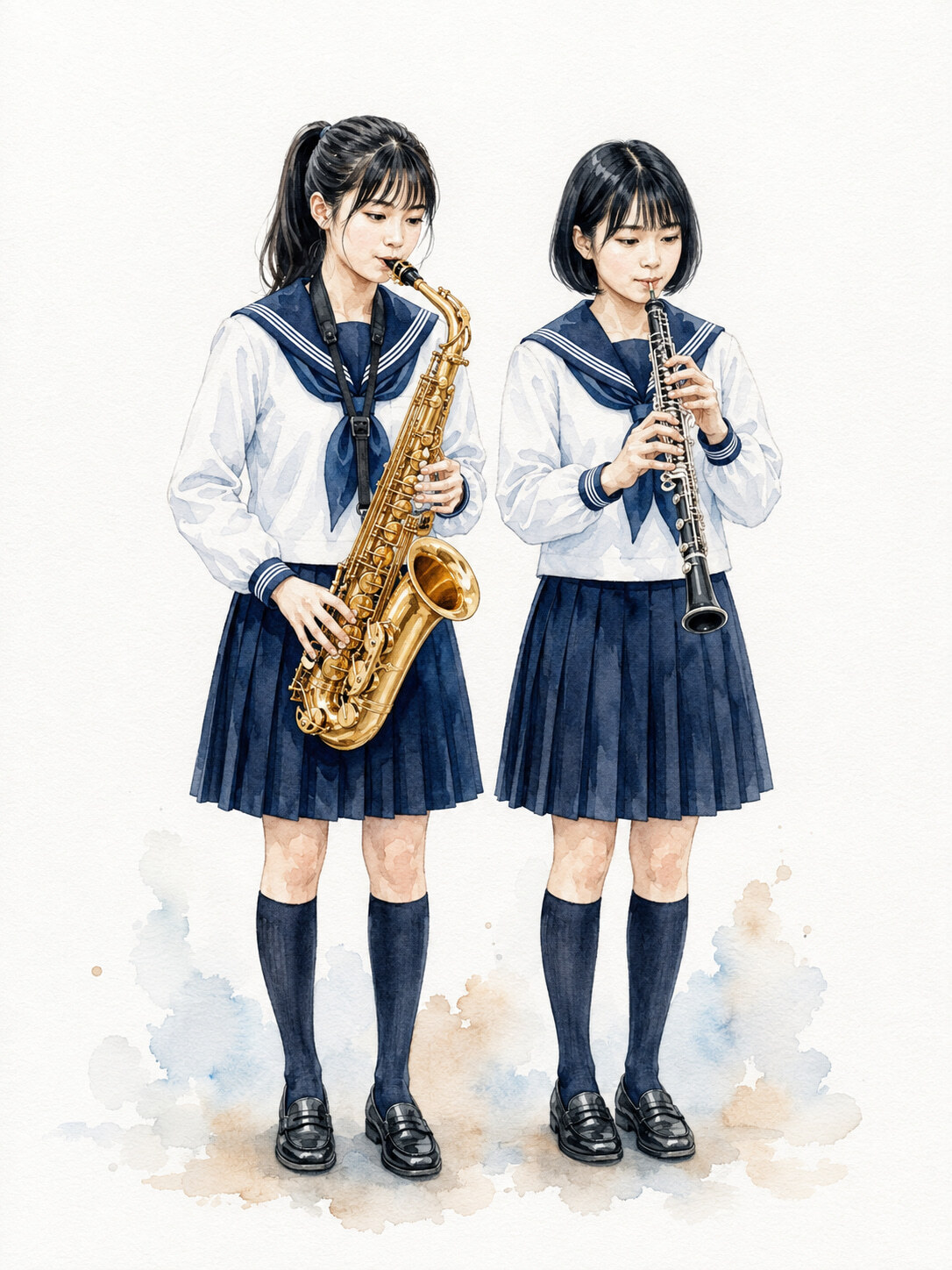 A2尺寸 c1295 身着水手服的两人演奏管乐二重奏,海军蓝与白色的水彩艺术,白色背景,音符