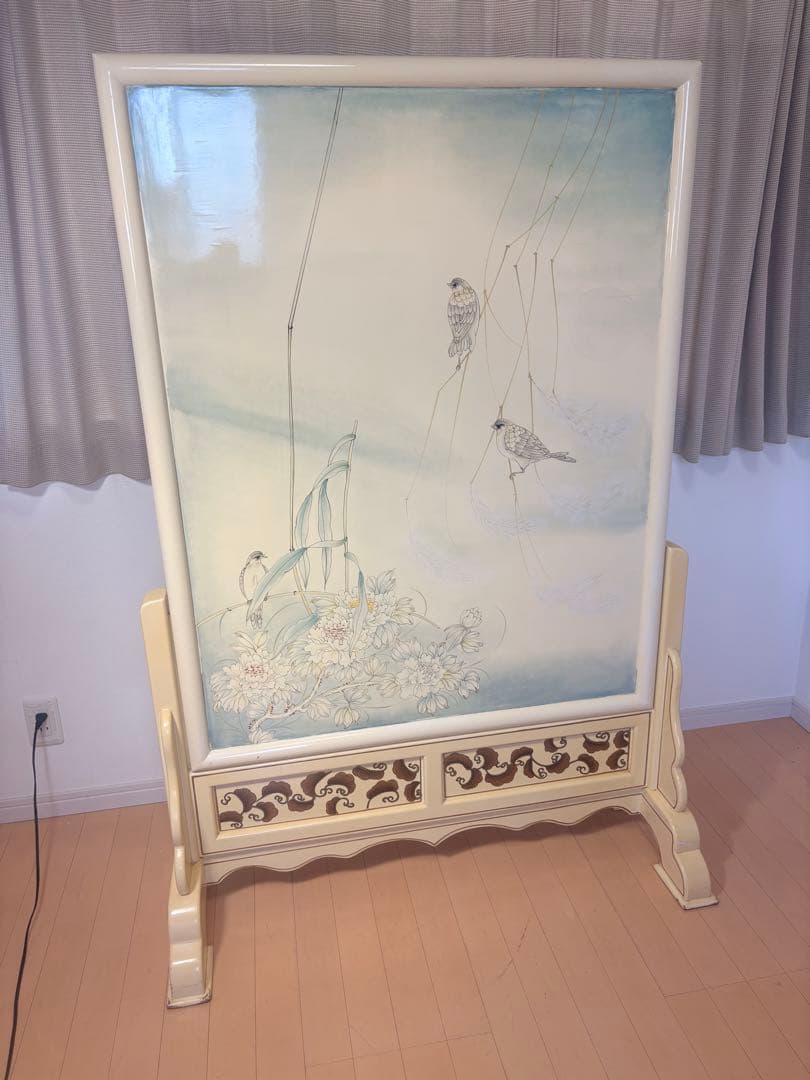 稀有 白漆和风现代 木制 屏风 双面设计 花鸟画 隔断 分隔屏