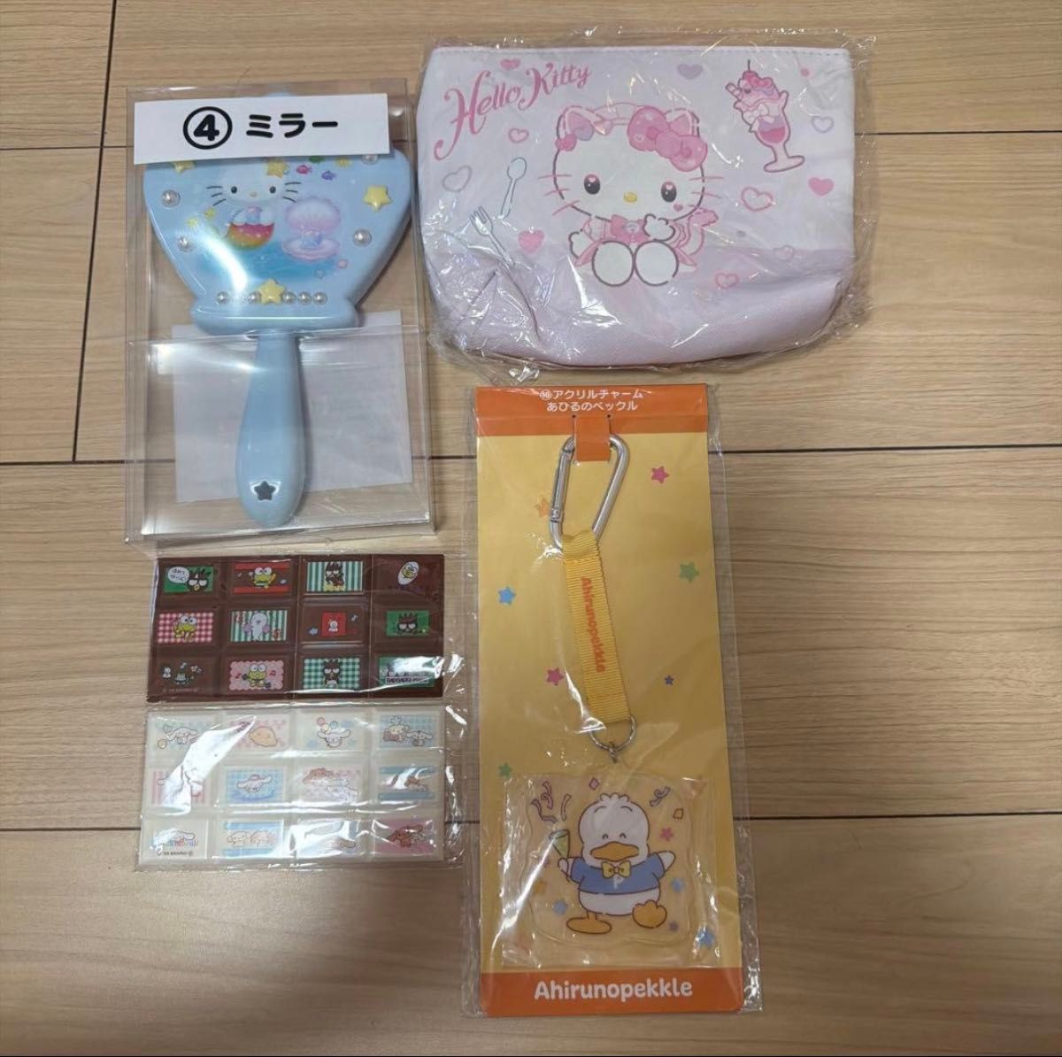 Sanrio 4-piece set mirror pouch acrylic charm chocolate-style sticker