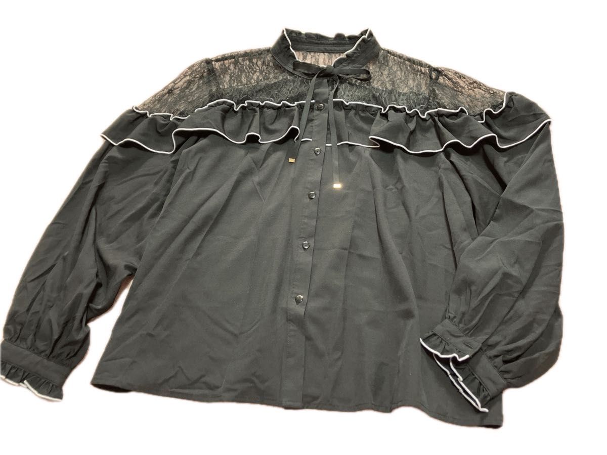 Final discount ruffle lace blouse black see-through mass production minebased loose size