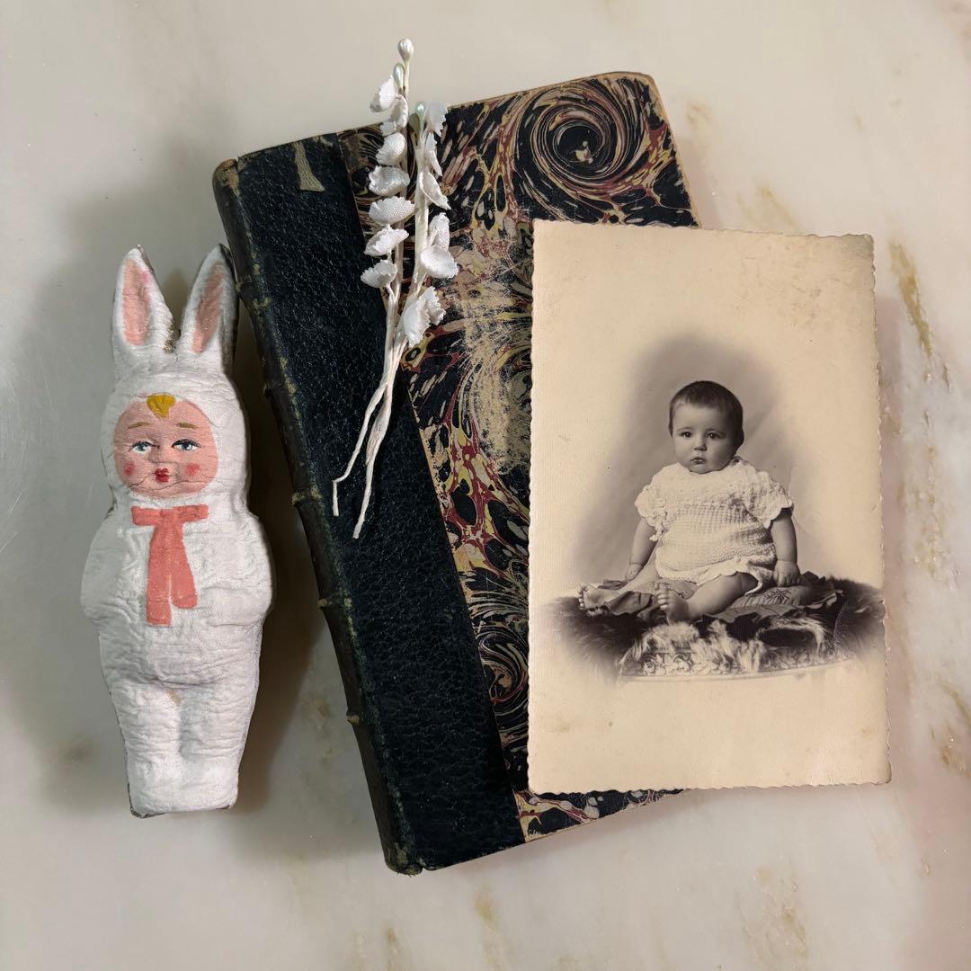 Antique Puppy Mache Rabbit Doll with Real Postcards and Fabric Flowers