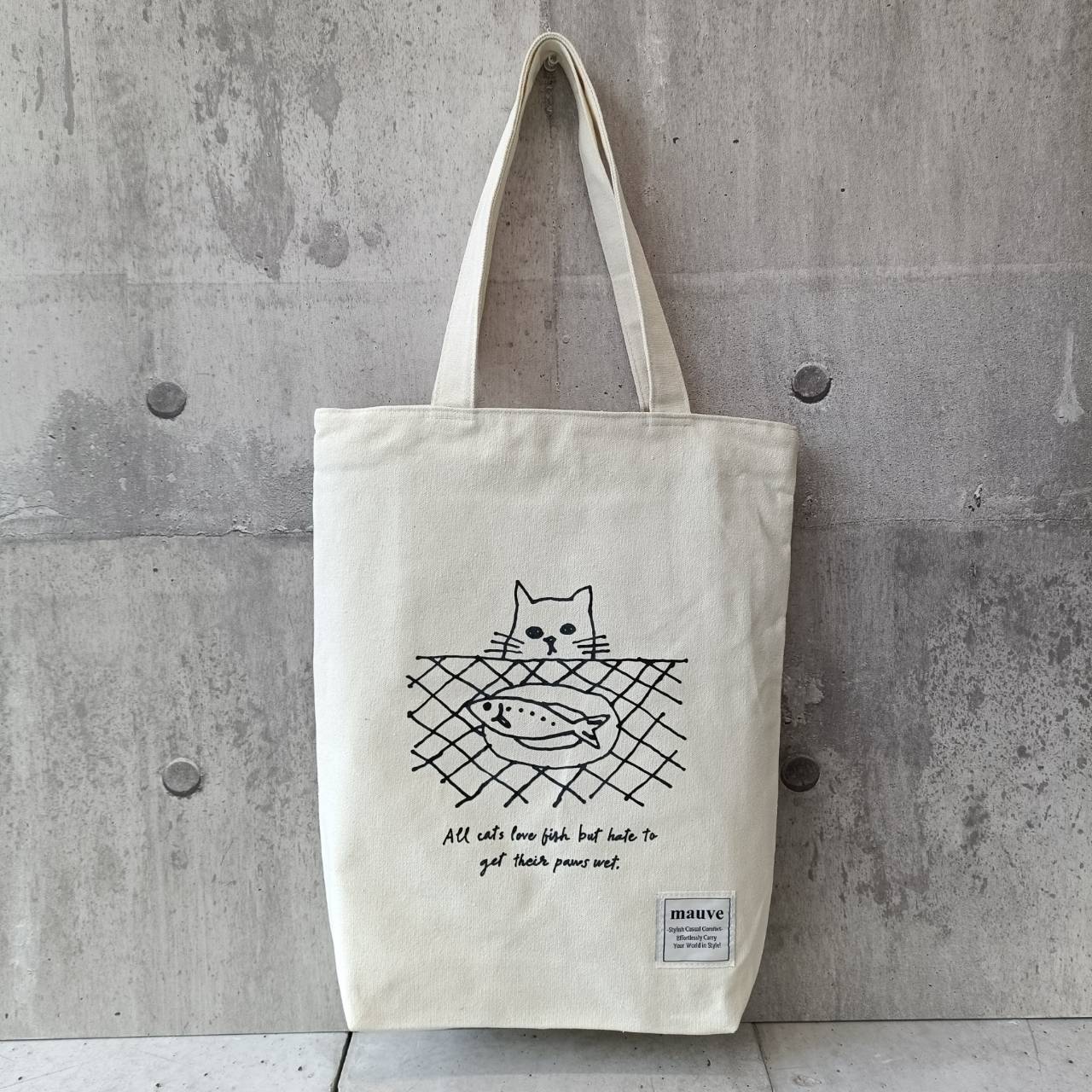 <白色>【新设计!】A4帆布托特包(Fishy Cat))/通勤上学包/休闲 GBMV-V123-2A