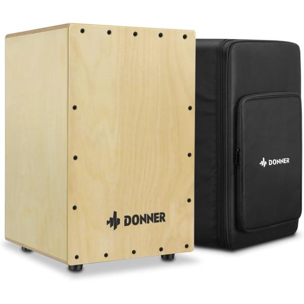 Donner カホン Cajon 打楽器 木製 フルサイズ ボックスドラム 内部ギター弦 カホンバッグ ゴム足付き ストリング 上品なバーチ 30*3