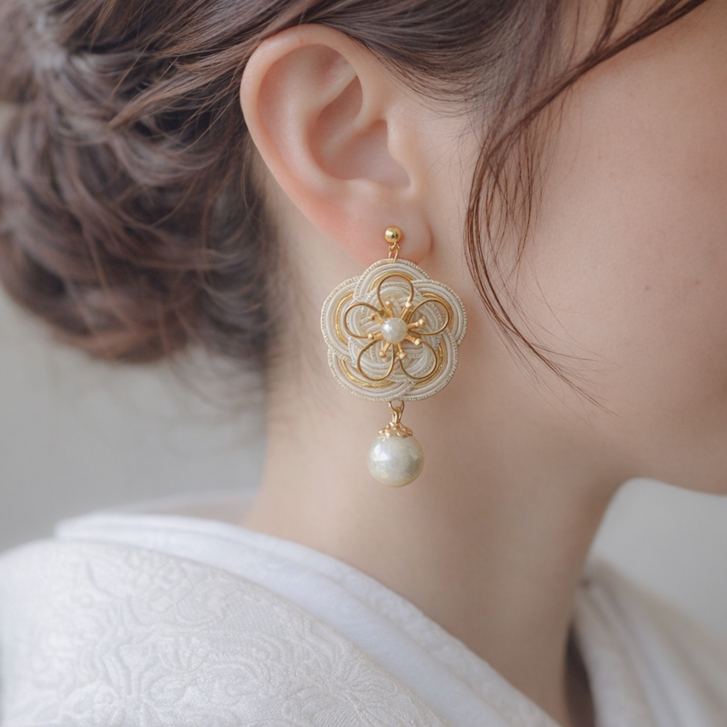 Saika - Saika - Water String Earrings & Ear Cuffs for Wedding, White Kimono, Coming-of-Age Ceremony, Graduation Ceremony, Furisode, Traditional Japanese Attire, Kimono, Tomesode, Pre-Wedding Shoot, Bride, Bridal, Photo Wedding, Wedding, Wasmodes, Elegant, Cute, Japanese Style, White
