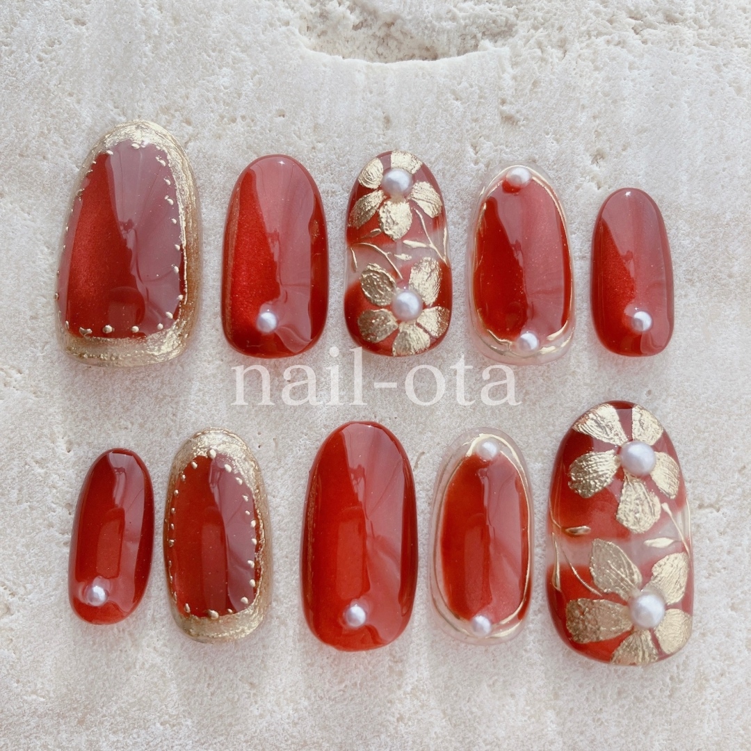 【Red Camellia】 Nail Tips, Coming-of-Age Ceremony Nails, Red, Red Color, Flower Nail Tips, Magnet Nails, Furisode Nails, Floral Pattern Nails, Tomesode