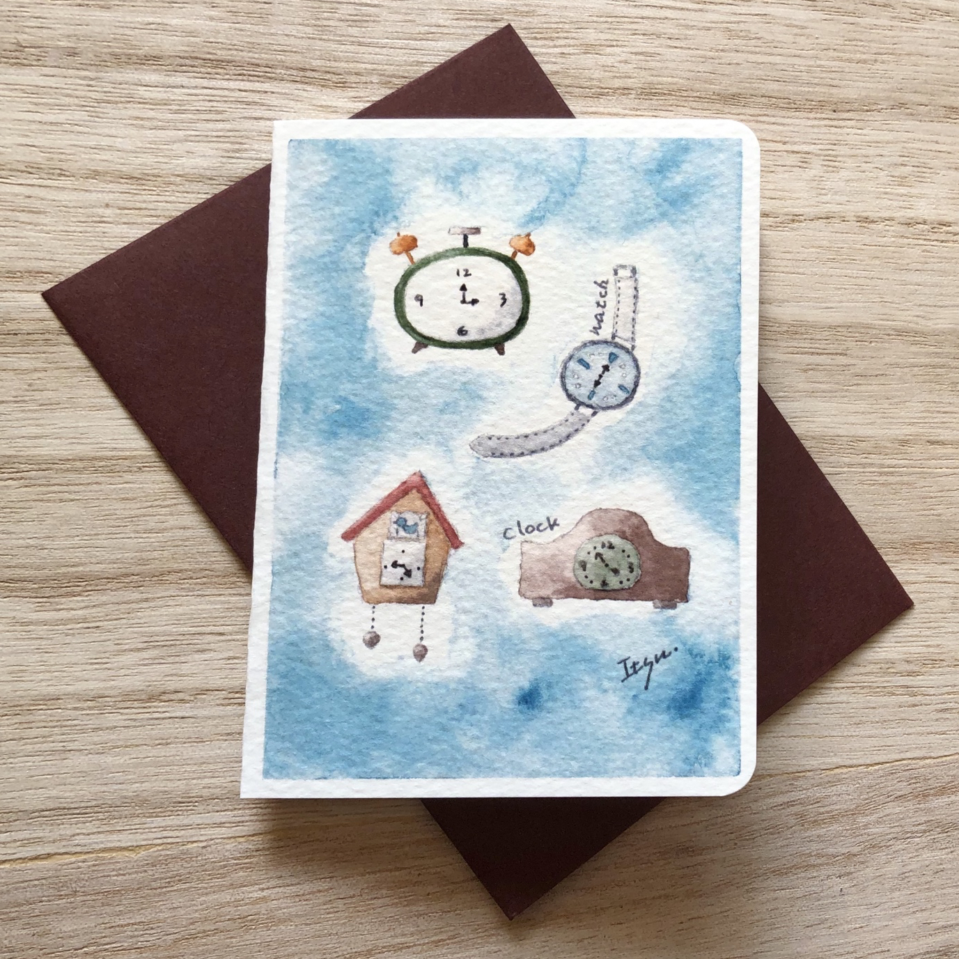 🕰透明水彩画 父亲节贺卡 2张套装 “钟表店”北欧插画迷你卡片 男士 生日卡 留言卡 父亲节 父亲节贺卡