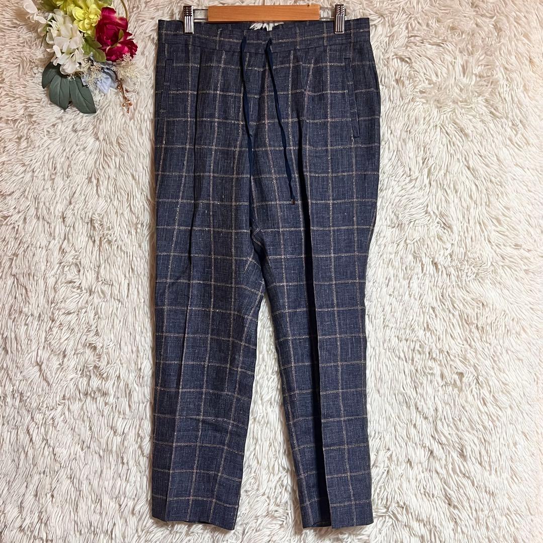 良品【Incotex】L号 锥形裤 格纹 100%亚麻 海军蓝 显腿细