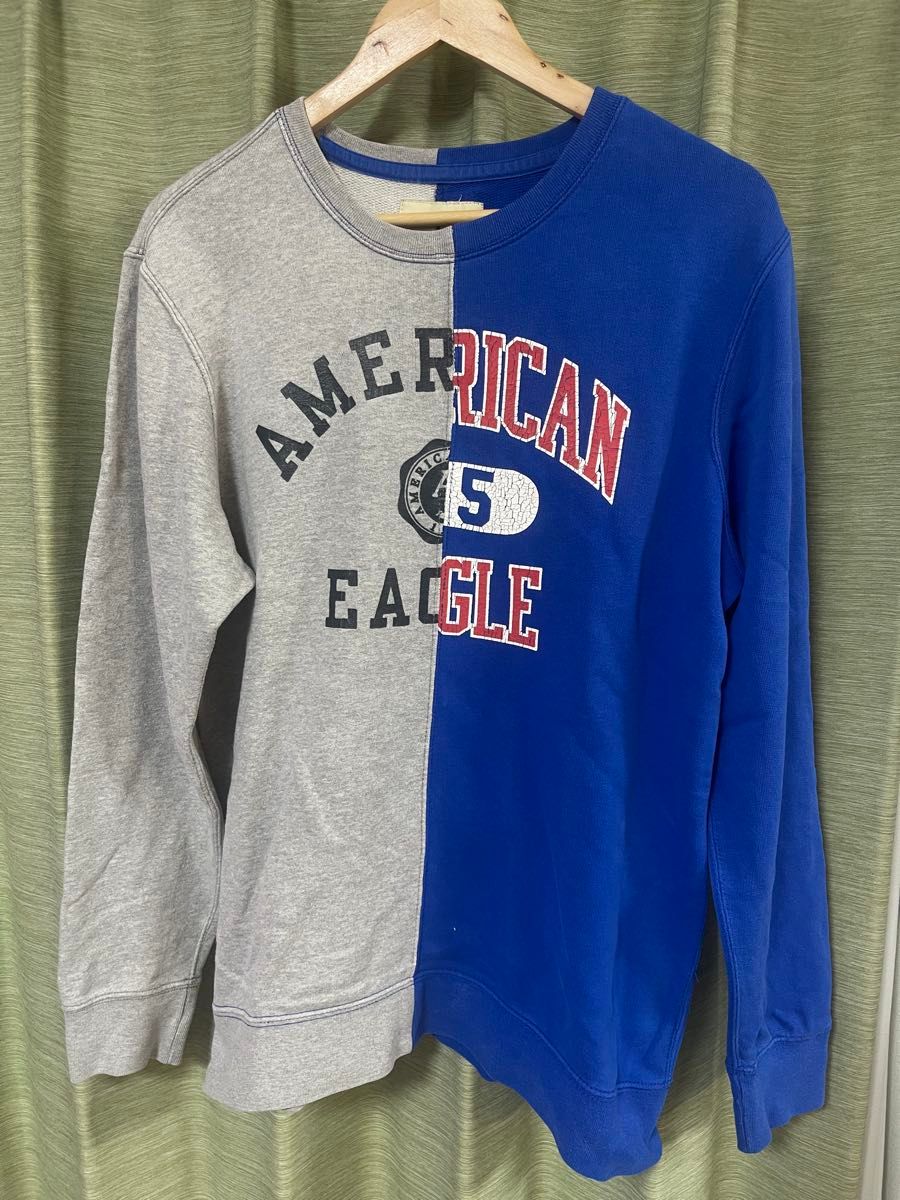 American Eagle 卫衣 运动衫 M码 蓝色 灰色 双色拼接 标志印花 男士