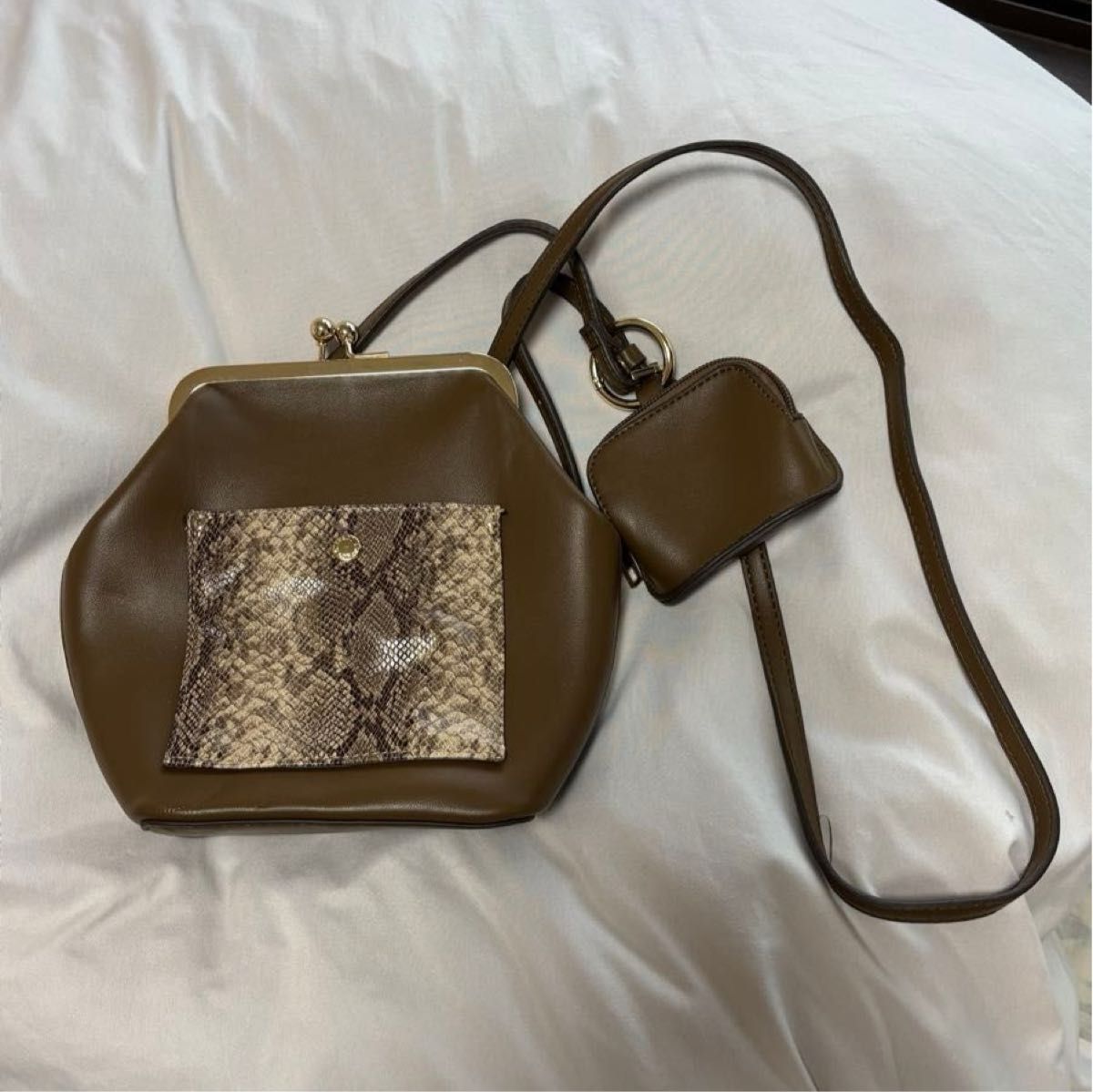 Clasp-Open Shoulder Bag with Python-Patterned Pocket, Brown, Includes Mini Pouch