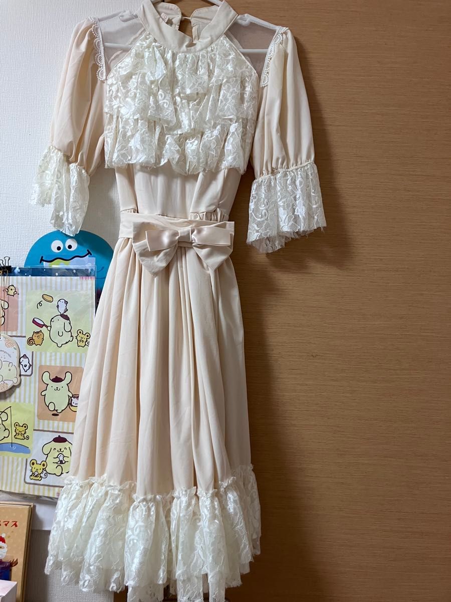 Lace one-piece dress from a Chinese Lolita brand, beige, with ribbon
