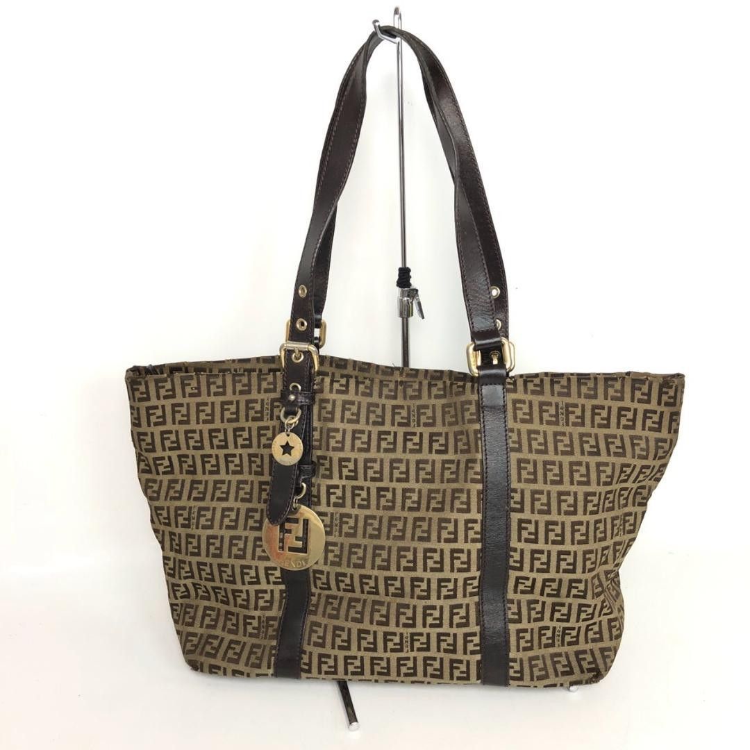 FENDI Fendi Zuccino Superstar Tote Bag Shopping Bag Canvas Leather Brown Tea Women's