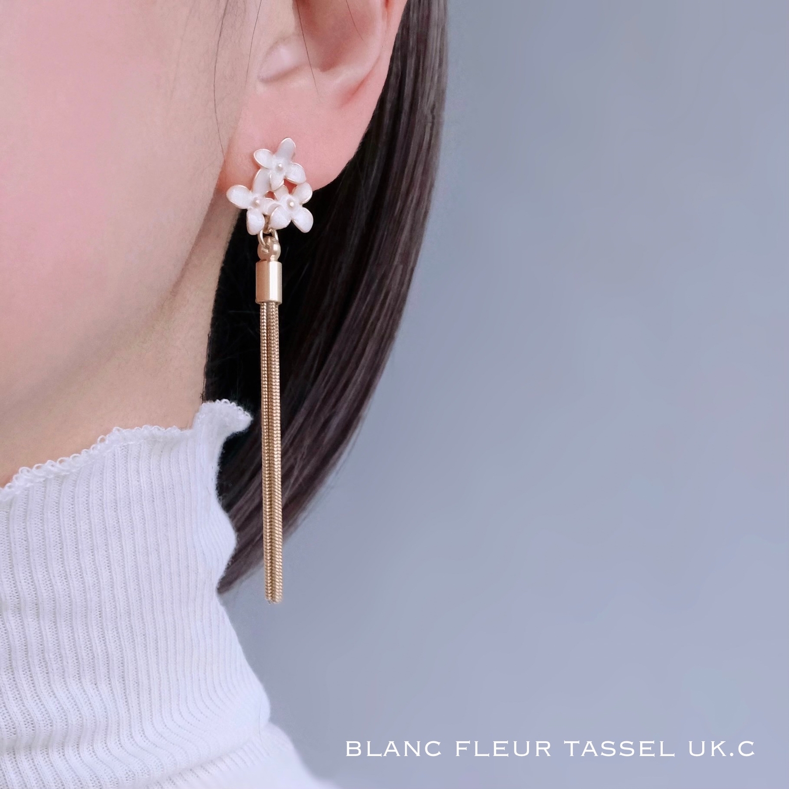 Blanc Fleur Tassel 耳环/耳饰 金色 银色 白色 防过敏树脂耳钉 钛合金耳钉 医用不锈钢长链花形耳环 婚礼白