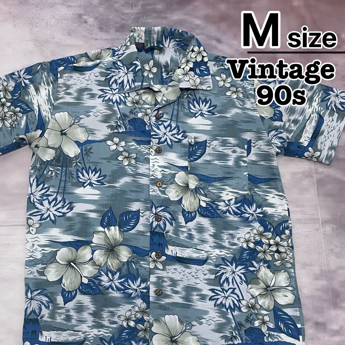 90s USA旧衣服aroha衬衫M蓝色白色芙蓉短袖