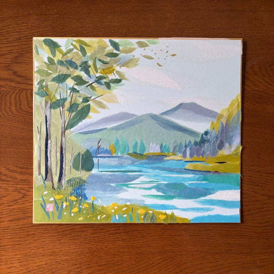 和纸撕贴画 山与湖畔的风景 色纸 成品 木头 草花 手工制作