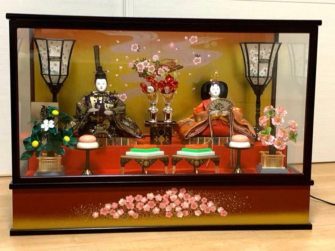 Hina Dolls Prince and Princess Style with Cherry Blossom Pattern, Case-Enclosed