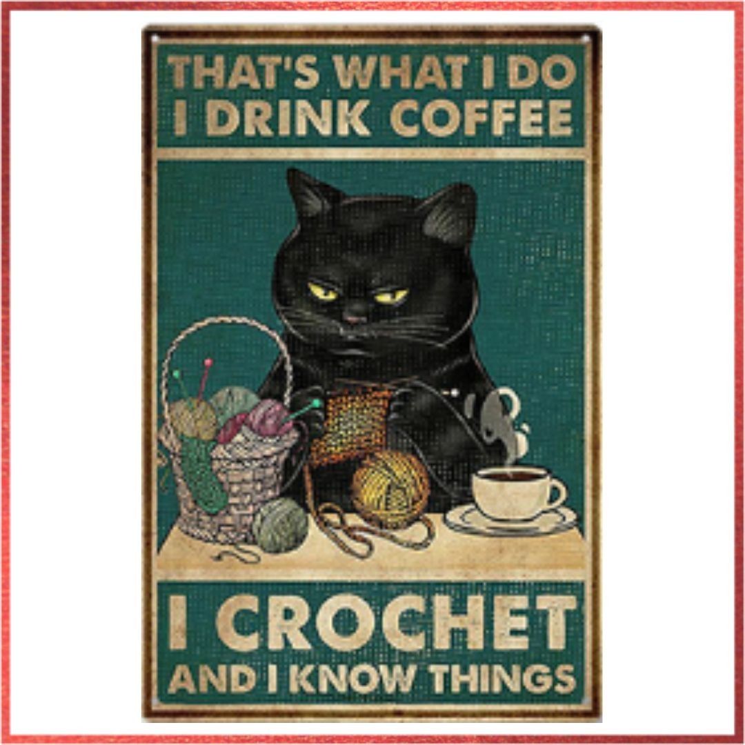 Black Cat Tin Sign, No. 19 – Knitted Cat, Coffee, Antique/Vintage/Retro Style, Wall Hanging, Interior Decor, for Cat Lovers, Home Goods