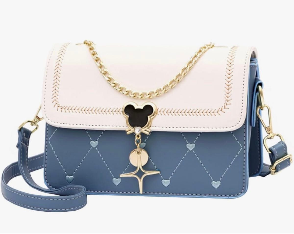 New Bicolor Shoulder Bag with Heart Quilting, Blue