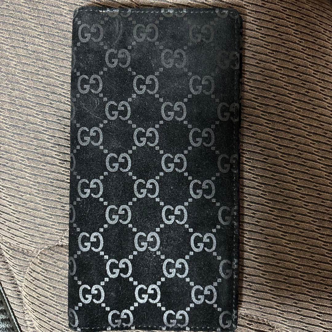 GUCCI GG 手柄 麂皮 长款钱包 黑色