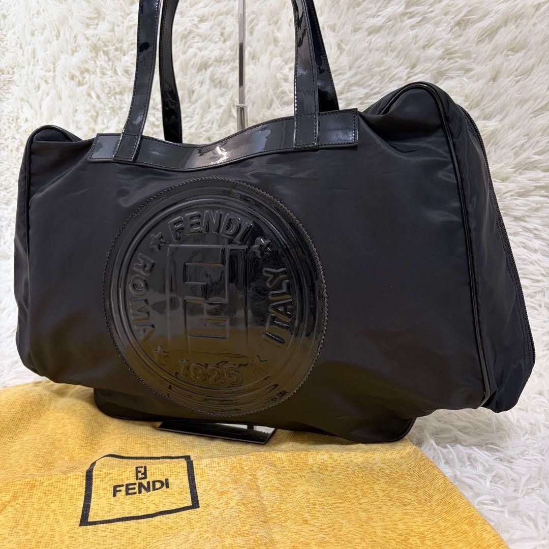 【稀有/美品】FENDI芬迪大标志波士顿包手提包大容量肩挂黑色珐琅尼龙